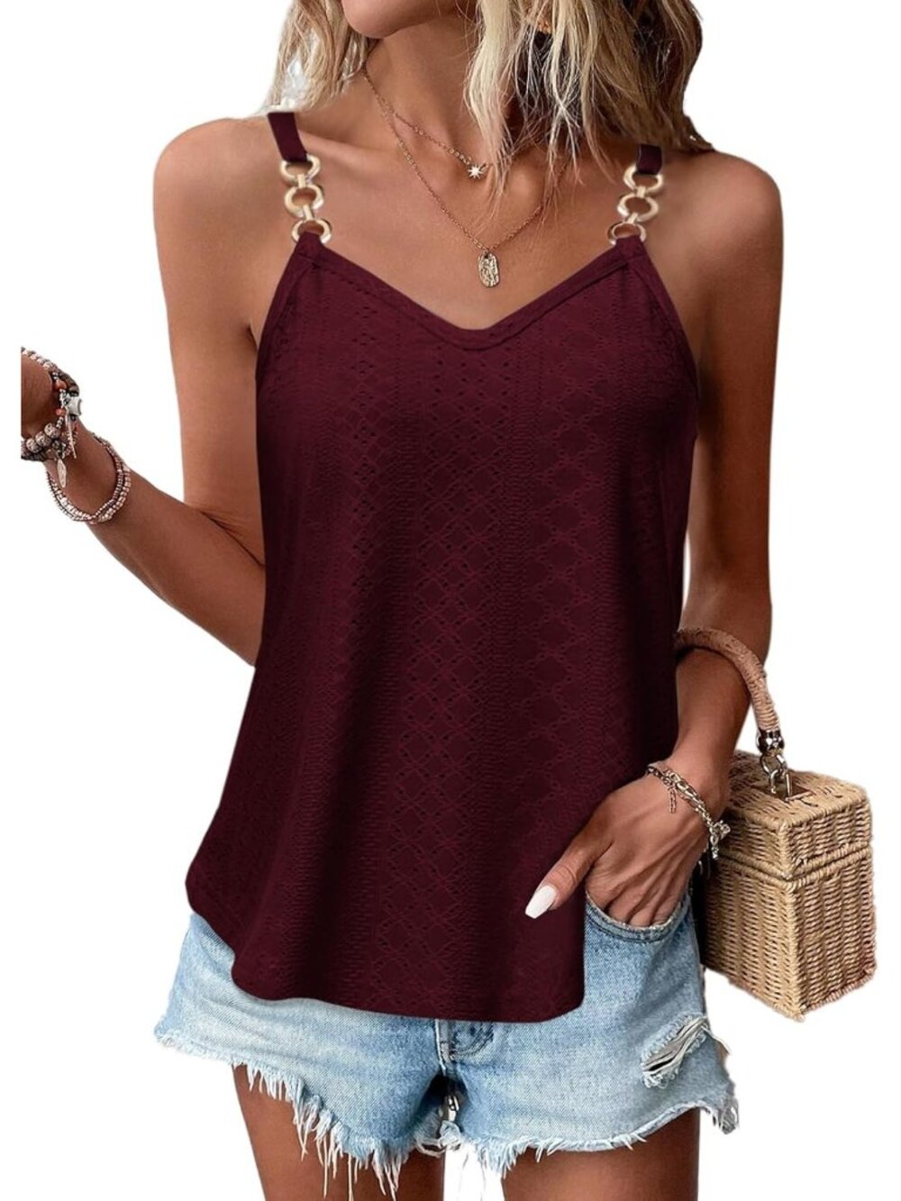 Women's Red Tank Tops Eyelet Sleeveless Spaghetti Strap Sexy Loose Fit Summer - Picture 5 of 5